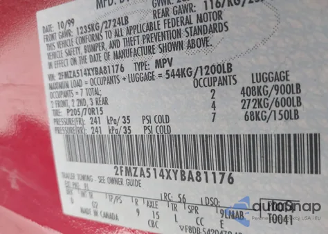 2000 Ford Windstar Lx z USA, uszkodzony, nr VIN 2FMZA514XYBA81176